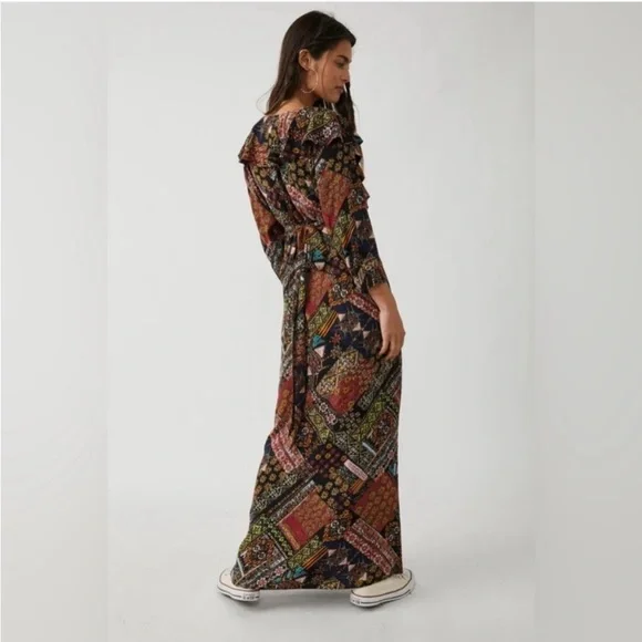 NWT Free People Lennon Patchwork Printed Ruffle Collar Boho Maxi Dress Size XL